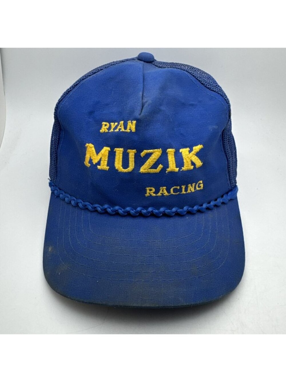 Vintage Ryan Muzik Racing Trucker Hat Cap Blue Yellow Mesh Adjustable OSFA